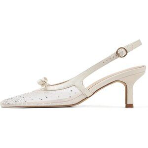 Women's Beige Mesh Slingback Pointed Toe Ankle Strap Kitten Bow Heel Pumps Shoes